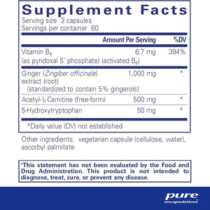 Ingredients: Vitamin B6, Ginger, Acetyl-L-Carnitine, 5-Hydroxytryptohan.