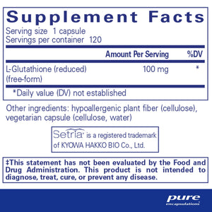 Text describing the ingredients: L-Glutathione (reduced) (free Form)