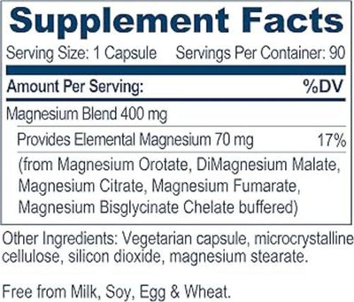 Text describing the ingredients: Magnesium Blend, Provides Elemental Magnesium (from Magnesium Orotate, DiMagnesium Malate, Magnesium Citrate, Magnesium Fumarate, Magnesium Bisglycinate Chelate buffered).