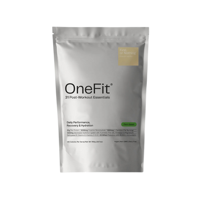 A Supplement pouch with the name OneFit Vegan Recovery (French Vanilla) by First or Nothing.
