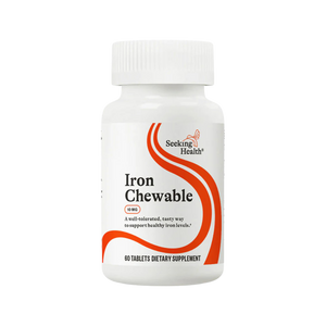 A Supplement container with the name Iron Chewable Tablets by Seeking Health. 