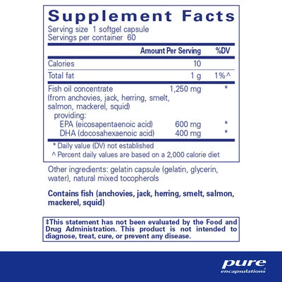 Text dscribing the ingredients: Fish Oil Concentrate (from anchovies, jack,herring, smelt, salmon, mackerel, squid)EPA (eicosapentaenoic acid) DHA (docosahexaenoic Acid)