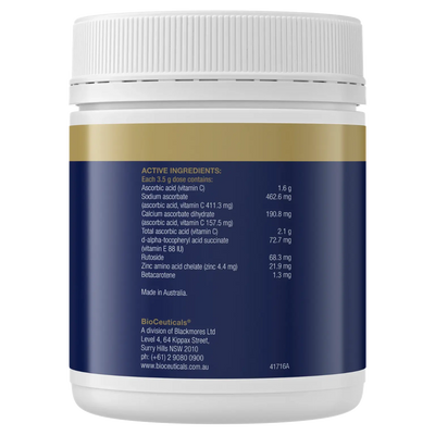 Ingredients:  (500g) Ascorbic acid (vitamin C), Sodium ascorbate, Calcuim ascorbate dihydrate, d-alpha tocopheryl acid succinate, Rutoside,  Zinc, Betacarotene. 