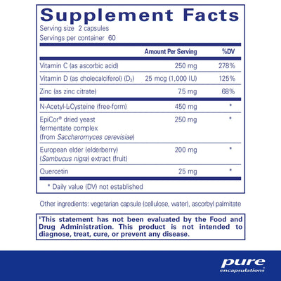 Text describing the ingredients: Vitamin C,D, Zinc, n-acetyl-l-cysteine, EpiCor, european elder, quercetin.