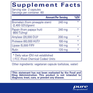 Text describing the ingredients: Bromelain, Papain, Amylase, Protease, Lipase, Rutin.