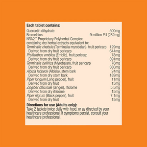 Text listing the ingredients including Quercetin Dihydrate, Bromelains, NRA2, Terminalia chebula, Terminalia myrobalan, Phyllanthus emblica, Terminalia bellirica, Emblic, Myrobalan, Albizia lebbeck, Albizia, Piper Longum, Long Pepper, Zingiber officinale, Ginger, Piper nigrum, black pepper