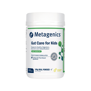 A Supplement container with the name Gut Care for Kids by Metagenics.