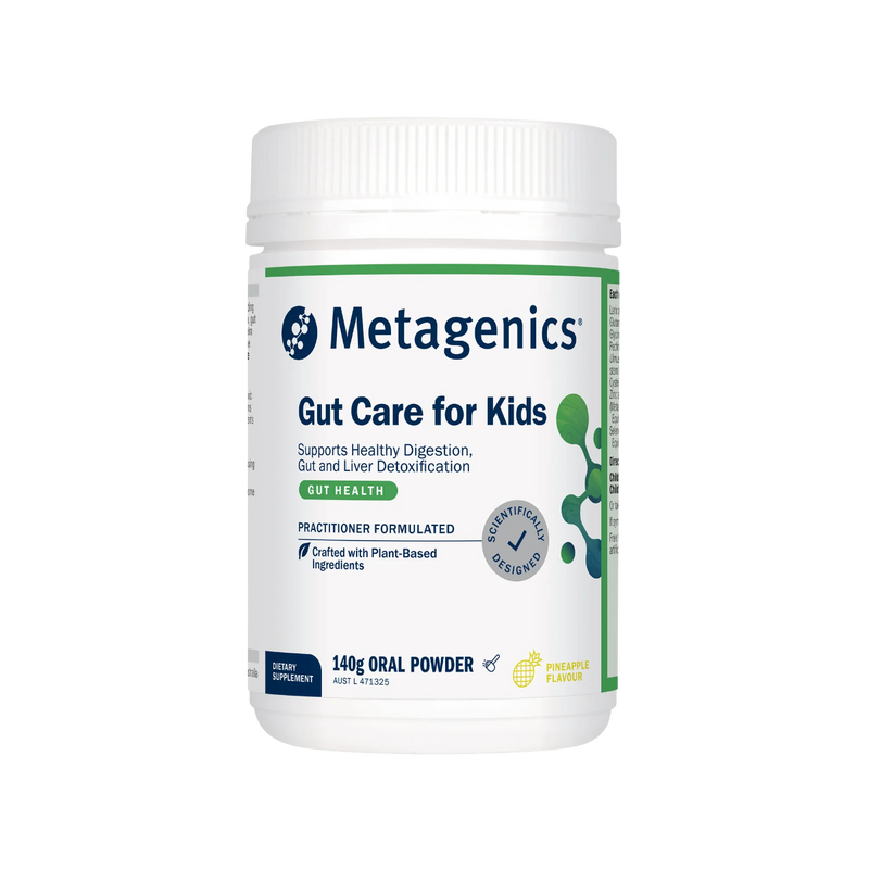 A Supplement container with the name Gut Care for Kids by Metagenics.