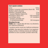 Ingredients including Serine, Pyridoxal 5-phosphate monohydrate, Vitamin b6, Riboflavin sodium phosphate, Vtamin b2, Mecobalamin, vitamin b12, Levomefolate calcium, Levomefolic acid, 5 methyltethydrofolate.