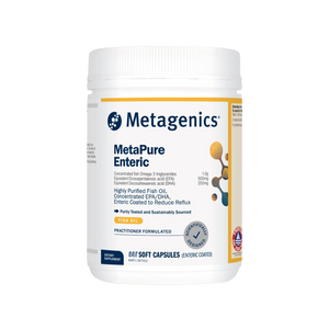 A supplement bottle with the name MetaPure Enteric by Metagenics.