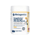 A Supplement container with the name OmegaGenics High Strength EPA/DHA Fish oil 240 Soft Caps by Metagenics.