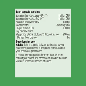 Ingredients including Lactobacillus rhamnosus, GR-1, Lactobacillus reuteri, RC-14, Ascorbic acid, Vitamin C, Colecalciferol, Vitamin D3, Glycyrrhiza glabra, Gutgard, Liquorice.
