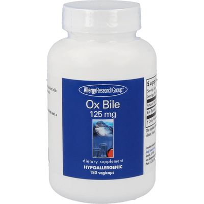 A Supplement container with the name Ox Bile 125mg by Allergy Research Group.