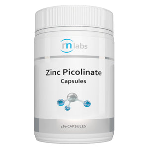 A Supplement container with the name Zinc Picolinate (180 Caps by RN Labs.