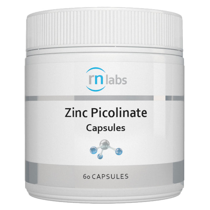 A Supplement container with the name Zinc Picolinate (60 Caps by RN Labs.