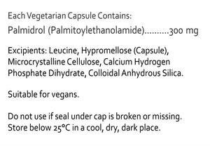 Supplement facts for Micronised PEA 120c listing ingredients including Palmitoylethanolamide (PEA / Palmidrol)