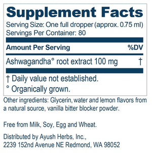 Supplement facts for Ashwagandha Drops Kids 60ml listing ingredients including Ashwagandha