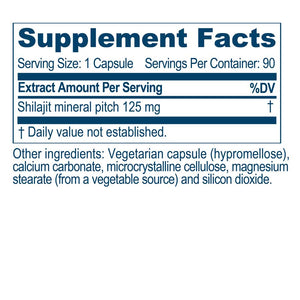 Supplement facts for Shilajeet Mumiyo 90c listing ingredients including Shilajit