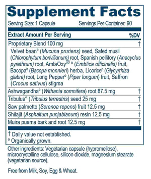 Supplement facts for AyuTest 90c listing ingredients including Amla, Anacyclus pyrethrum, Ashwagandha, Asphaltum Punjabianum, Brahmi