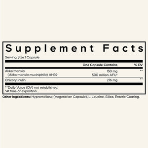 Supplement facts for Akkermansia 500 Ultra 90c listing ingredients including Akkermansia muciniphila, Chicory extract, Inulin