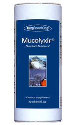 A Supplement container with the name Mucolyxir by Allergy Research Group.