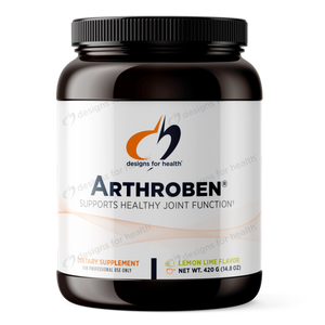 A supplement container which says designs for health arthroben supports healthy joint function dietary supplement for professional use only lemon lime flavour 