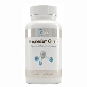 image of a white supplement bottle that says rn labs magnesium citrate. Magnesium (as magnesium citrate) 140mg 90 capsules 