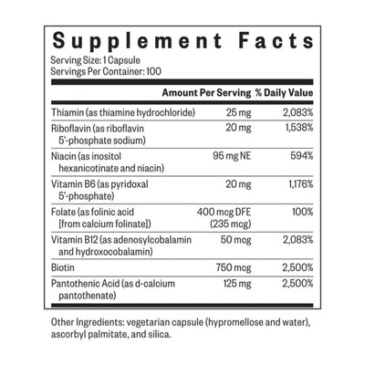 Ingredients: Thiamin, Riboflavin, Niacin, Vitamin B6 and B12, Folate, Biotin, Pantothenic Acid.