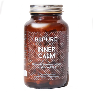 Image of a brown bottle that says be pure inner calm herbs and nutrients to calm the mind and body a dietary supplement 30 day supply - 90 vege capsules 