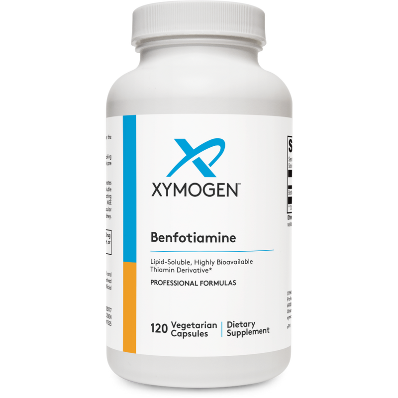 A Supplement container with the name Benfotiamine by Xymogen.