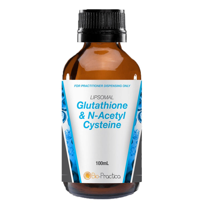 A Supplement container with the name Liposomal Glutathione and N-Acetyl Cysteine by Bio-Practica.
