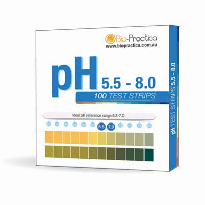 A Packet of 100 test strips to test Urine and saliva  between pH 5.5 -8.0 by Bio Practica.