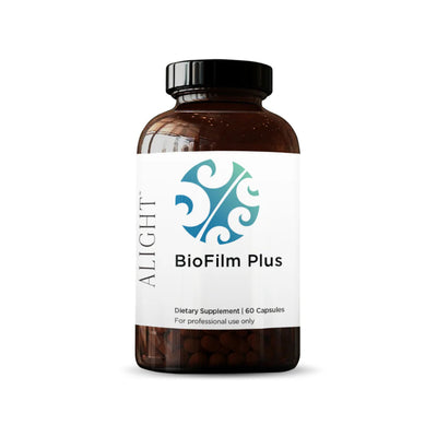Image of a white supplement bottle which says lright biofilm plus dietary supplement 60 capsules for professional use only 