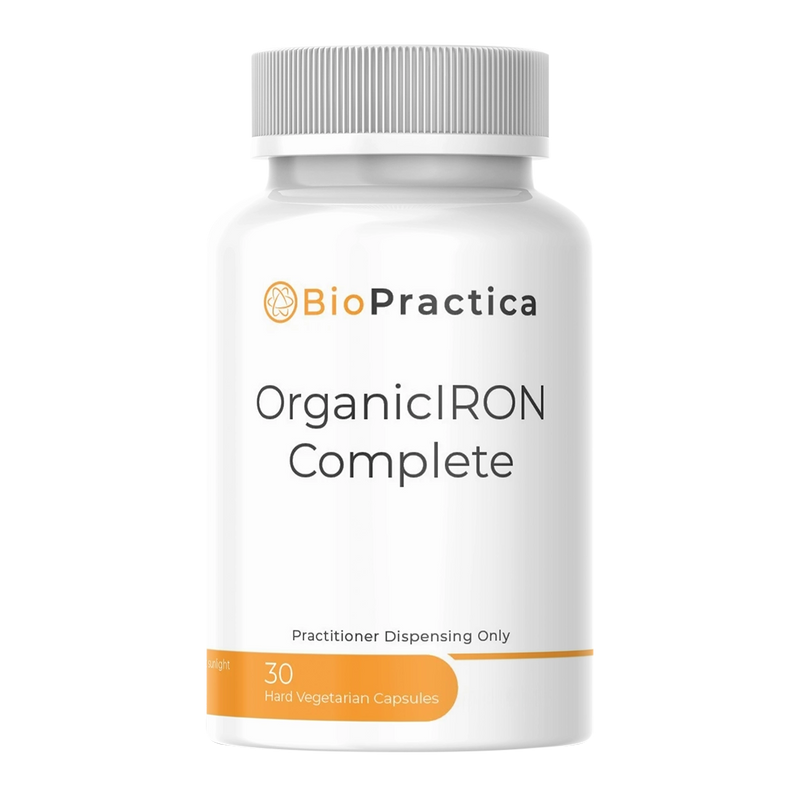 A Supplement Container with the name OrganicIron Complete by Bio-Practica