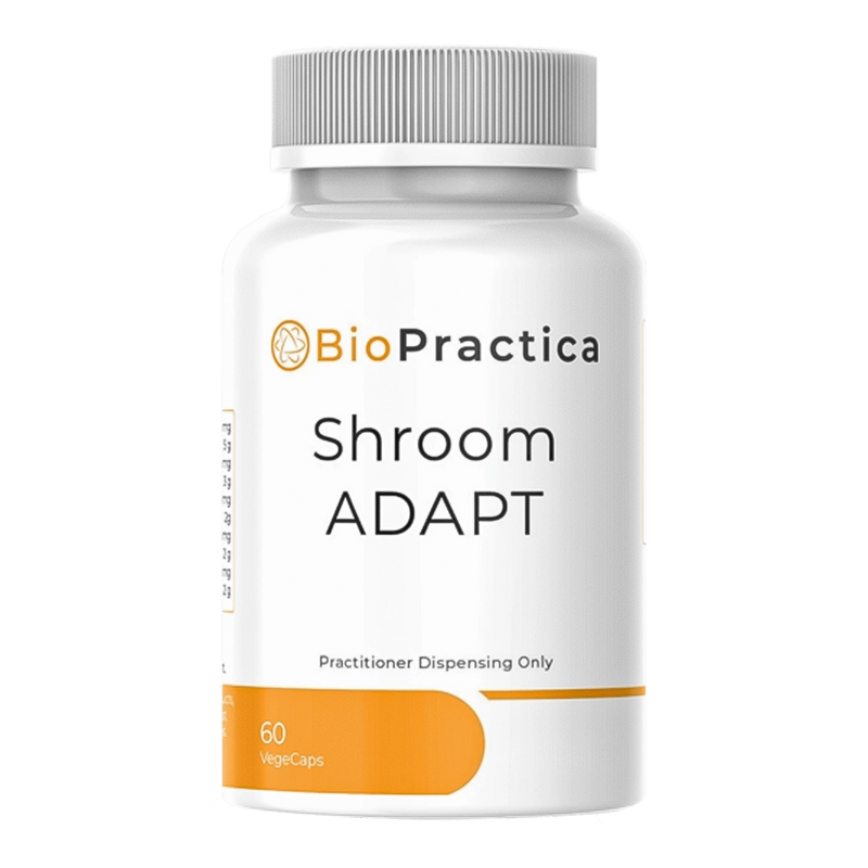 A Supplement container with the name ShroomADAPT by BioPractica.
