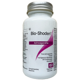 An image of a white bottle that says Bio-Shoden Ashwagandha Pure Ashwagandha extract full spectrum bioactives 35% withanolide glycosides 60 vegetable capsules 