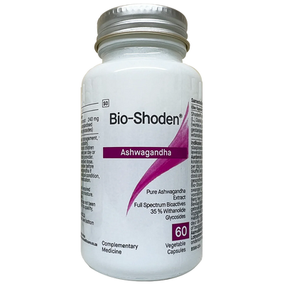 An image of a white bottle that says Bio-Shoden Ashwagandha Pure Ashwagandha extract full spectrum bioactives 35% withanolide glycosides 60 vegetable capsules 