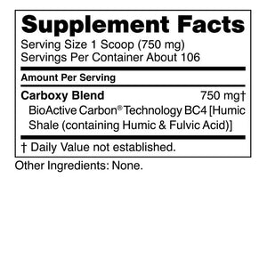 Supplement facts for Carboxy 80g listing ingredients including Fulvic Acid, Humic Shale, Humic acid, Citric Acid