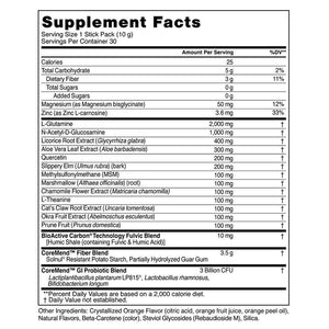 Supplement facts for CoreMend GI Orange Cream 30 stick packs listing ingredients including Aloe Vera, Bifidobacterium longum, Carnosine, Cat's claw, Chamomile