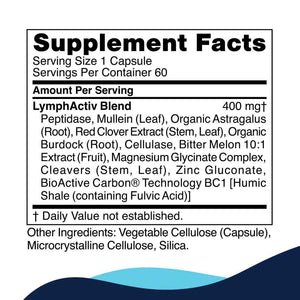 Supplement facts for LymphActiv 60c listing ingredients including Astragalus, Bitter Melon, Burdock extract, Cellulose (vegetarian capsule), Cleavers