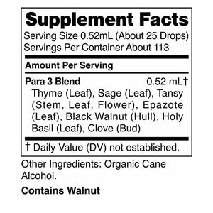 Supplement facts for Para 3 59ml listing ingredients including Black Walnut, Clove bud, Holy Basil, Ocimum sanctum, Sage