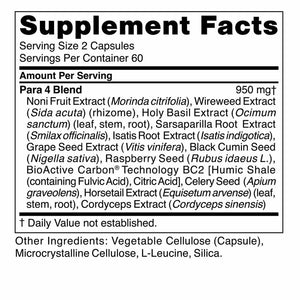 Supplement facts for Para 4 120c listing ingredients including Black cumin, Celery Seed Extract, Citric Acid, Cordyceps, Cumin