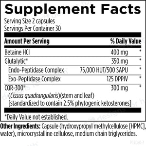 Text describing the ingredients: Betaine HCI, Glutalytic, Endo-Peptidase Complex, Exo-Peptidase Complex, CQR-300 (cissus quadrangularis)(stem and leaf), Capsule (hydroxypropyl methylcellulose [HPMC], water, microcrystalline cellulose, medium chain triglycerides