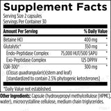 Text describing the ingredients: Betaine HCI, Glutalytic, Endo-Peptidase Complex, Exo-Peptidase Complex, CQR-300 (cissus quadrangularis)(stem and leaf).