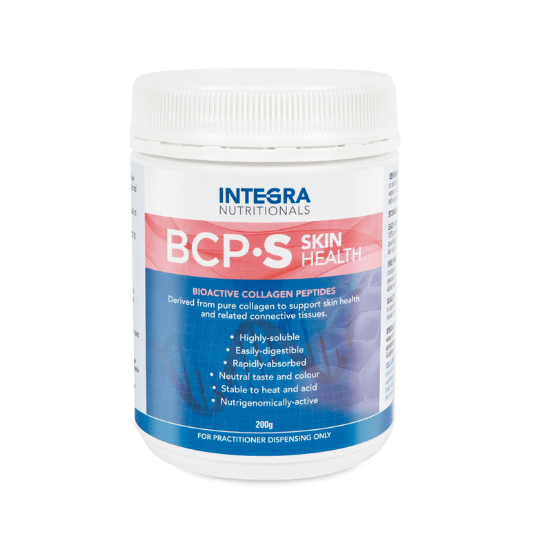 A Supplement container with the name BCP-S Skin Health by Integra Nutritionals.
