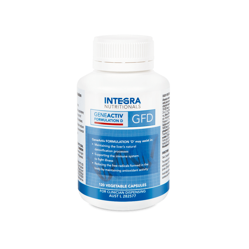 A Supplement container with the name GeneActiv Formulation D (GFD 120 Caps)  by Integra. 
