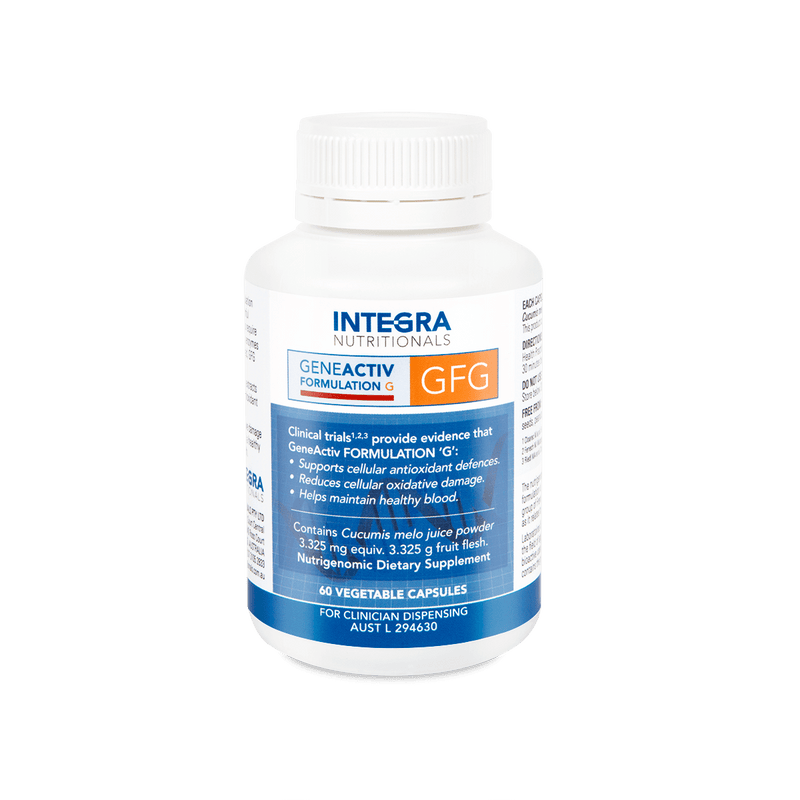 A Supplement container with the name GeneActiv Formulation G (GFG) (60 Veg Caps) by Integra Nutritionals.