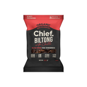 A Supplement packet of Chief Biltong with Chilli (30g) by Chief Nutrition.