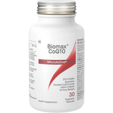 Image of white bottle that says biomax CoQ10 Microactive 370% better absorption doubles Coq0 levels within 3 weeks 24 hour release health supplement 30 vegetable capsules 