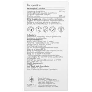 Ingredients: Liposomal Glutathione 625mg, Choline Complex 375mg. Phosphatidylcholine complex 195mg.
